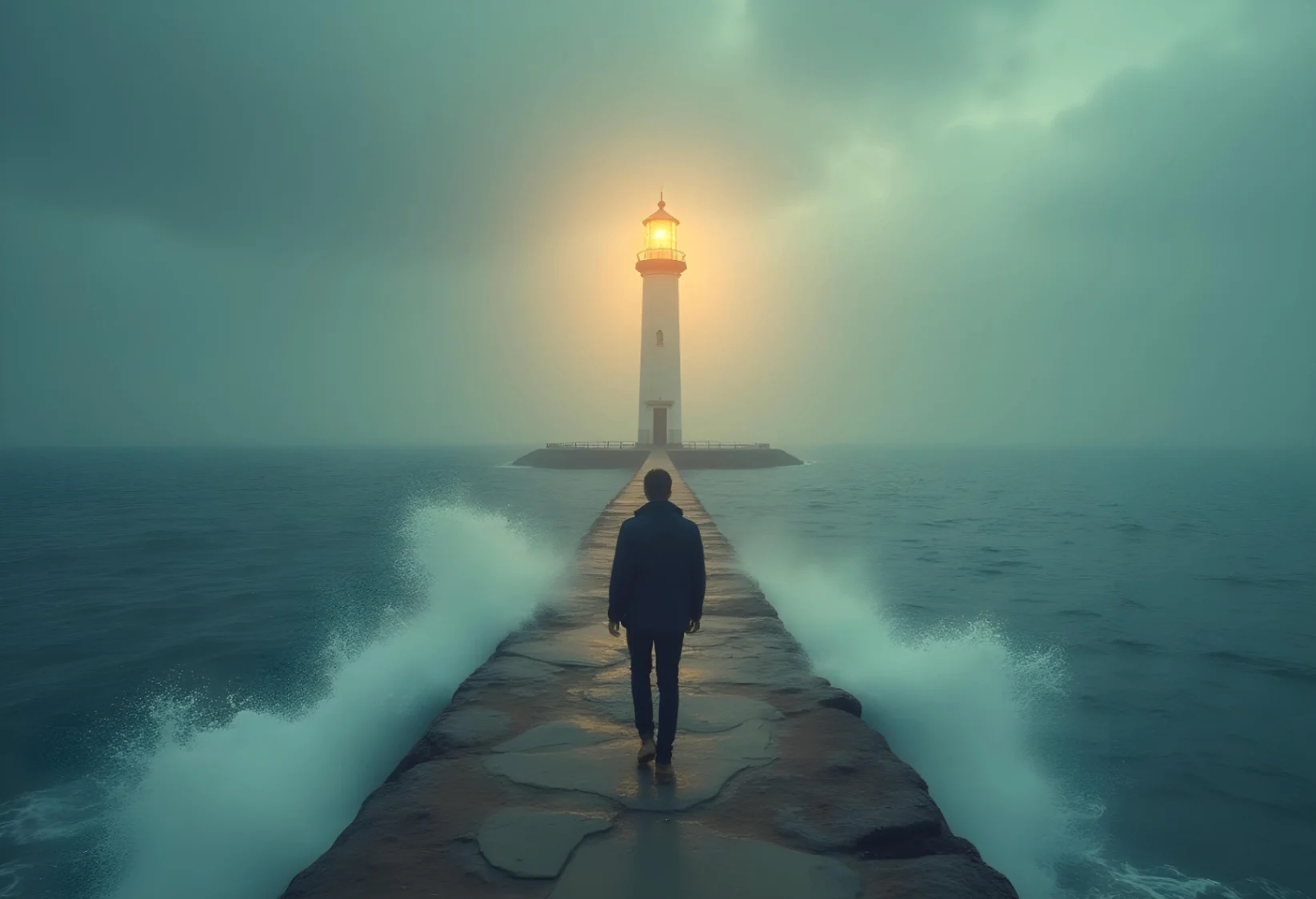 Hombre camina por un muelle hacia un faro iluminado en medio del mar